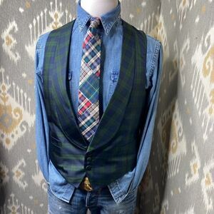 Polo Ralph Lauren Silk Blackwatch Tartan Plaid Shawl Collar Waistcoat Vest